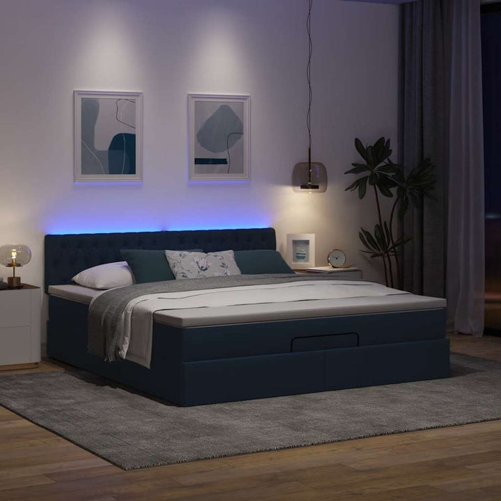 ottoman seng med madras & LEDs 180x200cm stof blå
