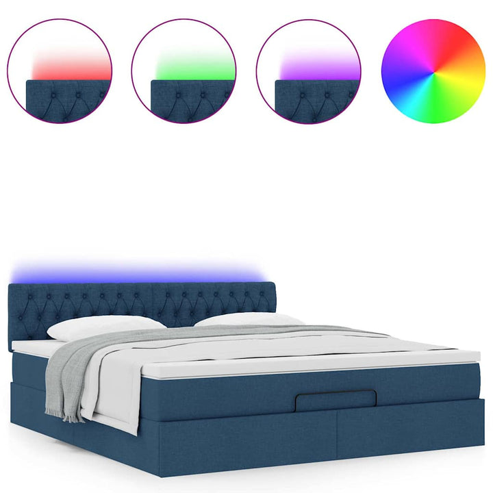 ottoman seng med madras & LEDs 180x200cm stof blå