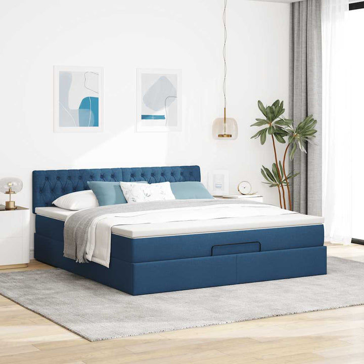 ottoman seng med madras & LEDs 180x200cm stof blå