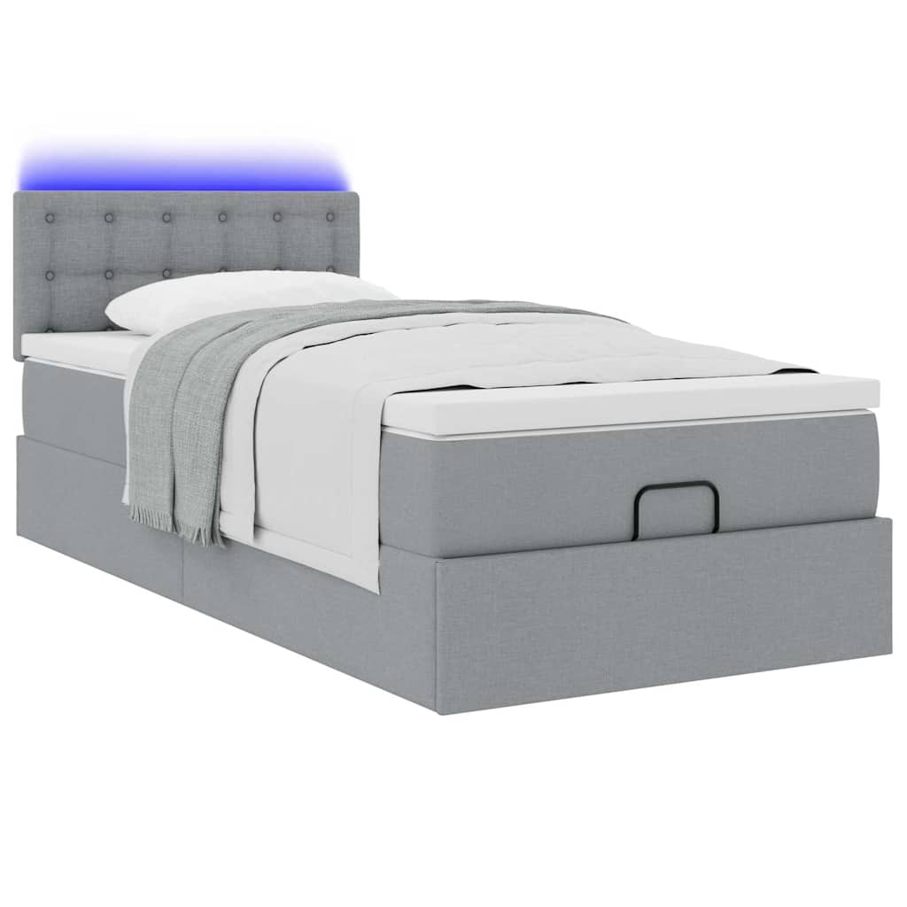 ottoman seng med madras & LEDs 90x200 cm stof lysegrå