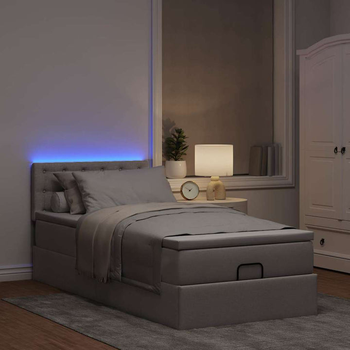 ottoman seng med madras & LEDs 90x200 cm stof gråbrun