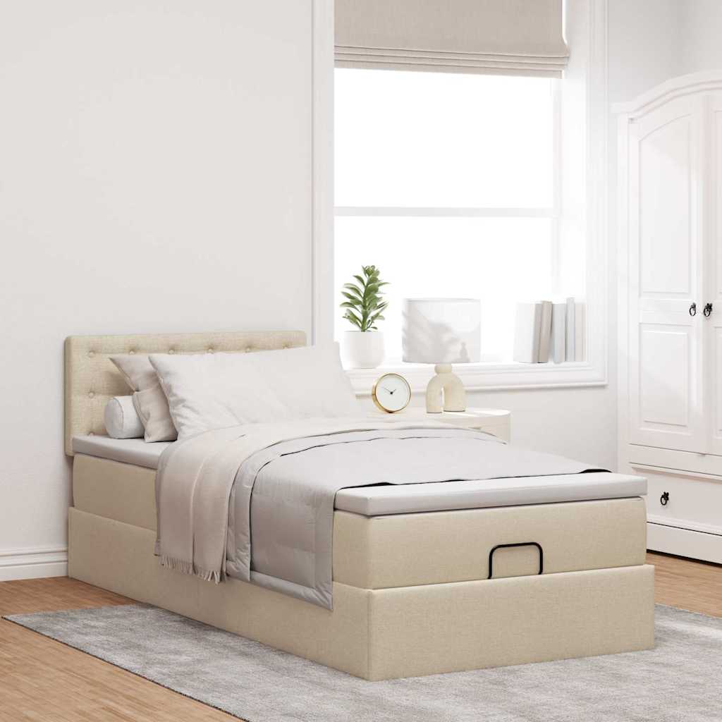 ottoman seng med madras & LEDs 90x200 cm stof cremefarvet