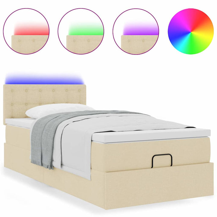 ottoman seng med madras & LEDs 90x200 cm stof cremefarvet
