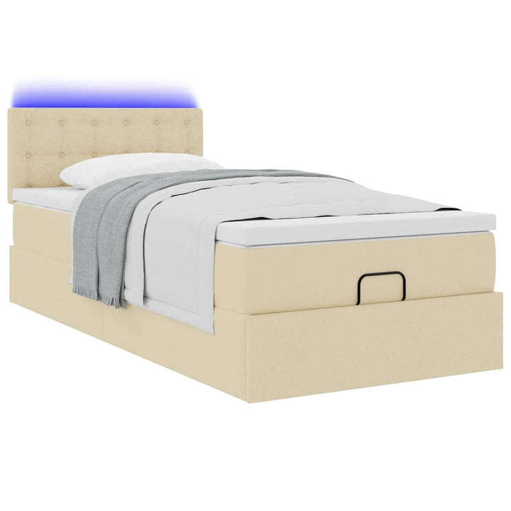 ottoman seng med madras & LEDs 90x200 cm stof cremefarvet