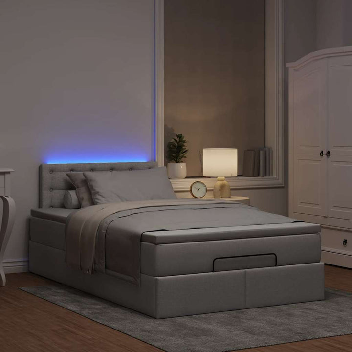 ottoman seng med madras & LEDs 120x190cm stof gråbrun