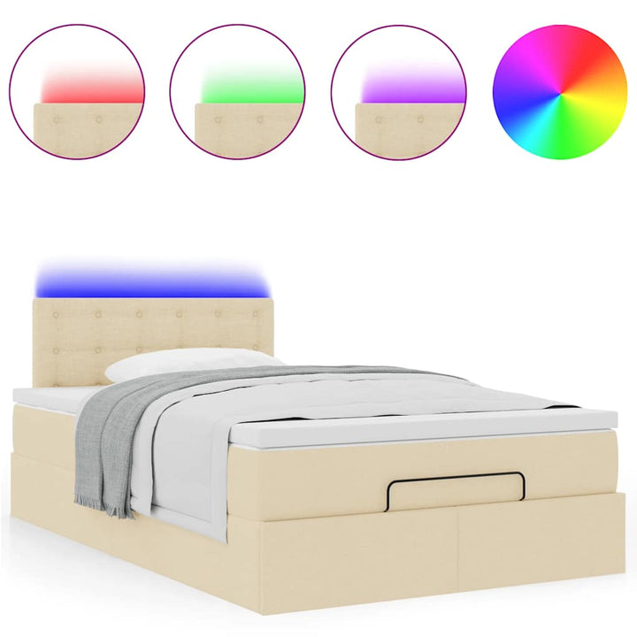 ottoman seng med madras & LEDs 120x190cm stof cremefarvet