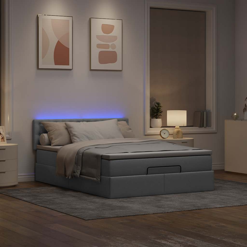 ottoman seng med madras & LEDs 140x190 cm stof lysegrå