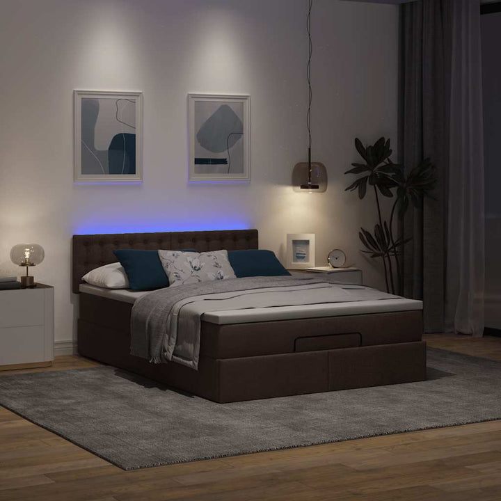 Ottoman seng med madras & LEDs Mørkebrun 140x190 cm Stof