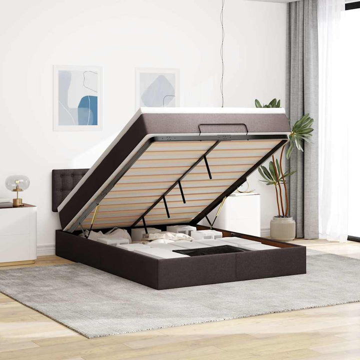 Ottoman seng med madras & LEDs Mørkebrun 140x190 cm Stof