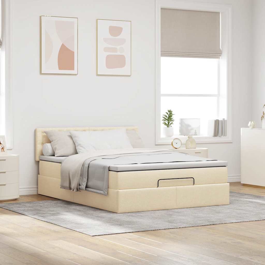 ottoman seng med madras & LEDs 140x190 cm stof fløde