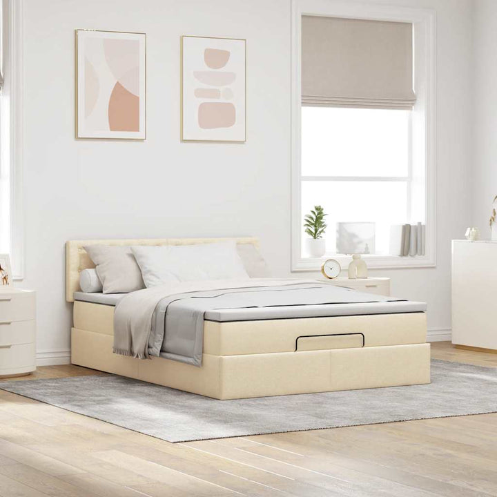 ottoman seng med madras & LEDs 140x190 cm stof fløde
