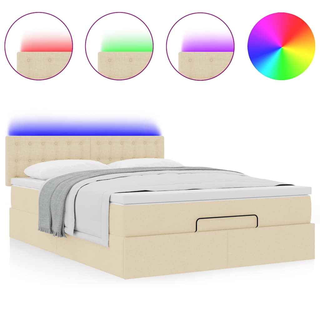 ottoman seng med madras & LEDs 140x190 cm stof fløde