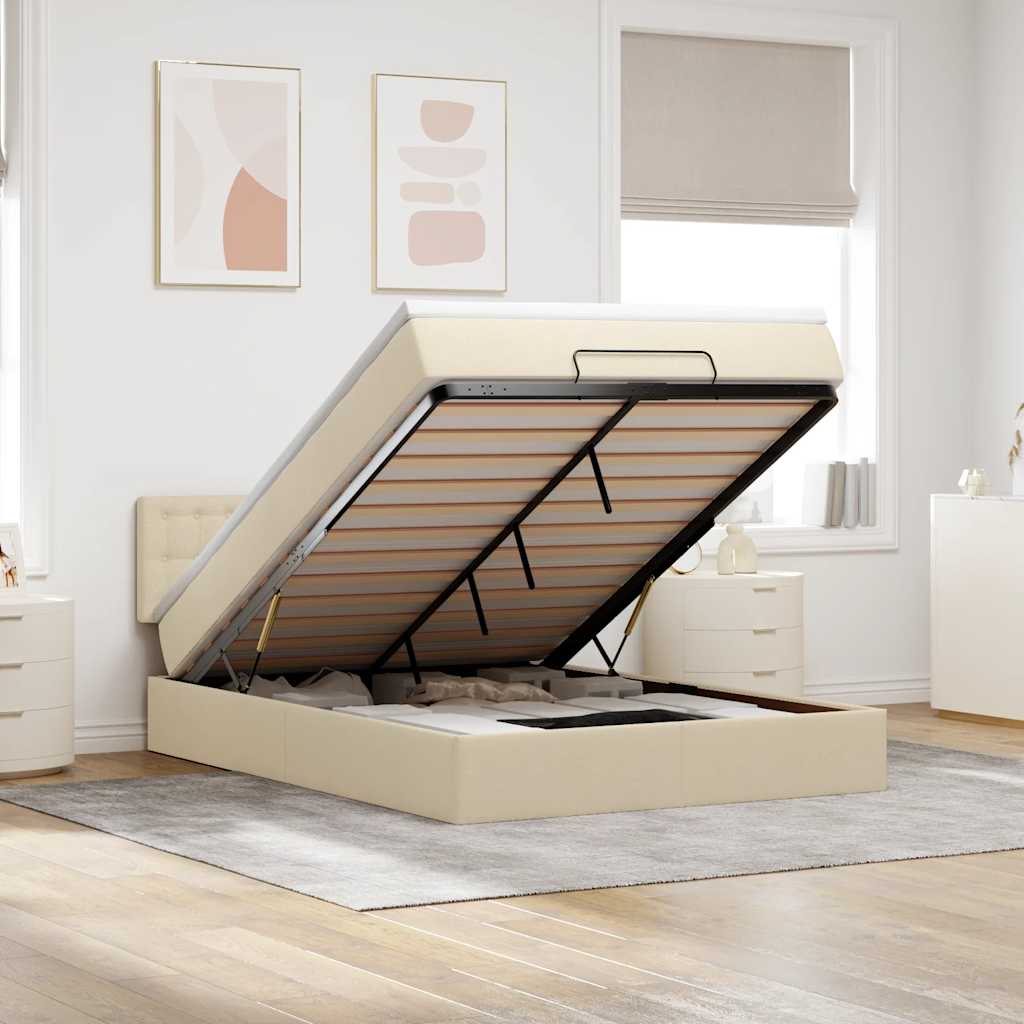 ottoman seng med madras & LEDs 140x190 cm stof fløde