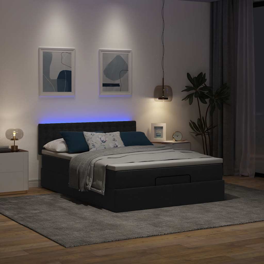 Ottoman seng med madras & LEDs Sort 140x200 cm Stof