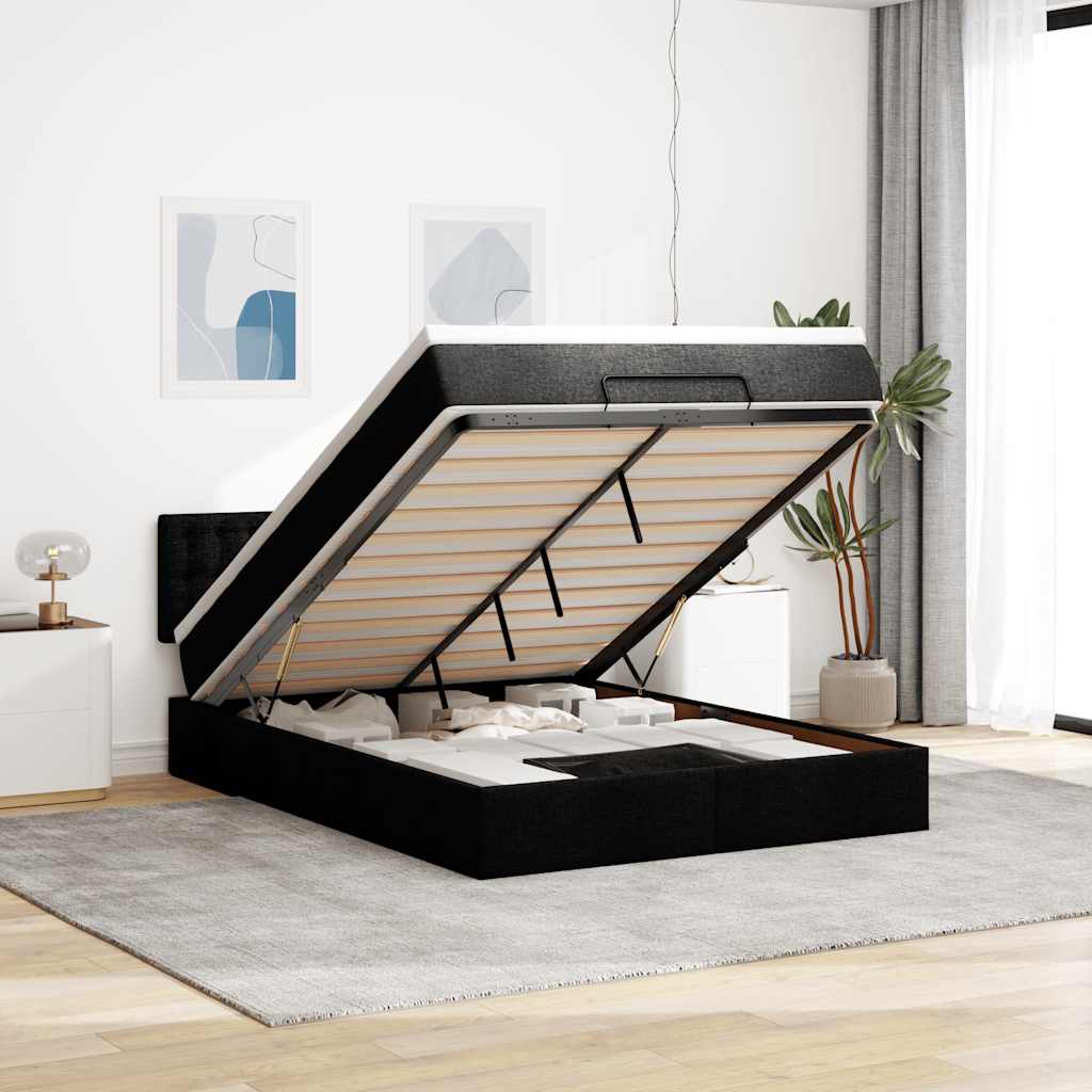 Ottoman seng med madras & LEDs Sort 140x200 cm Stof
