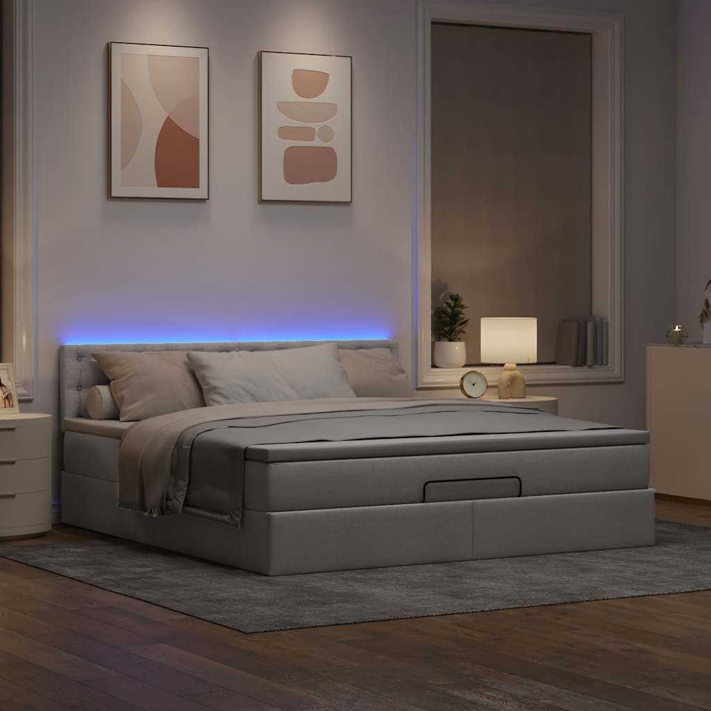 ottoman seng med madras & LEDs 180x200cm stof gråbrun