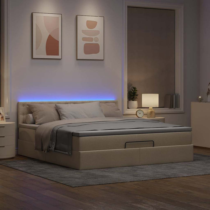 ottoman seng med madras & LEDs 180x200cm stof cremefarvet