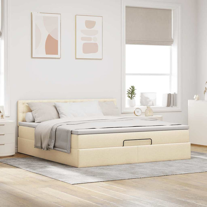 ottoman seng med madras & LEDs 180x200cm stof cremefarvet