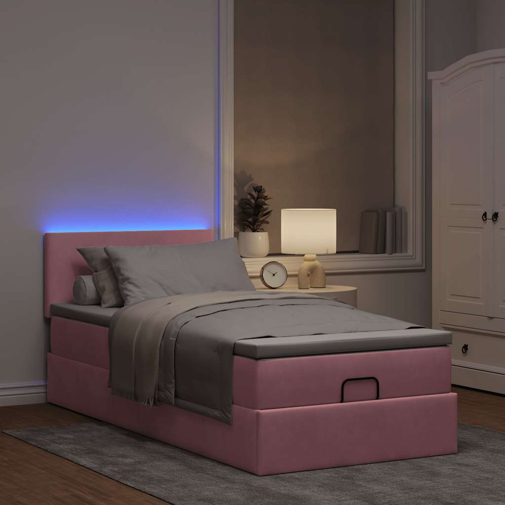 ottoman seng med madras & LEDs 80x200 cm fløjl lyserød