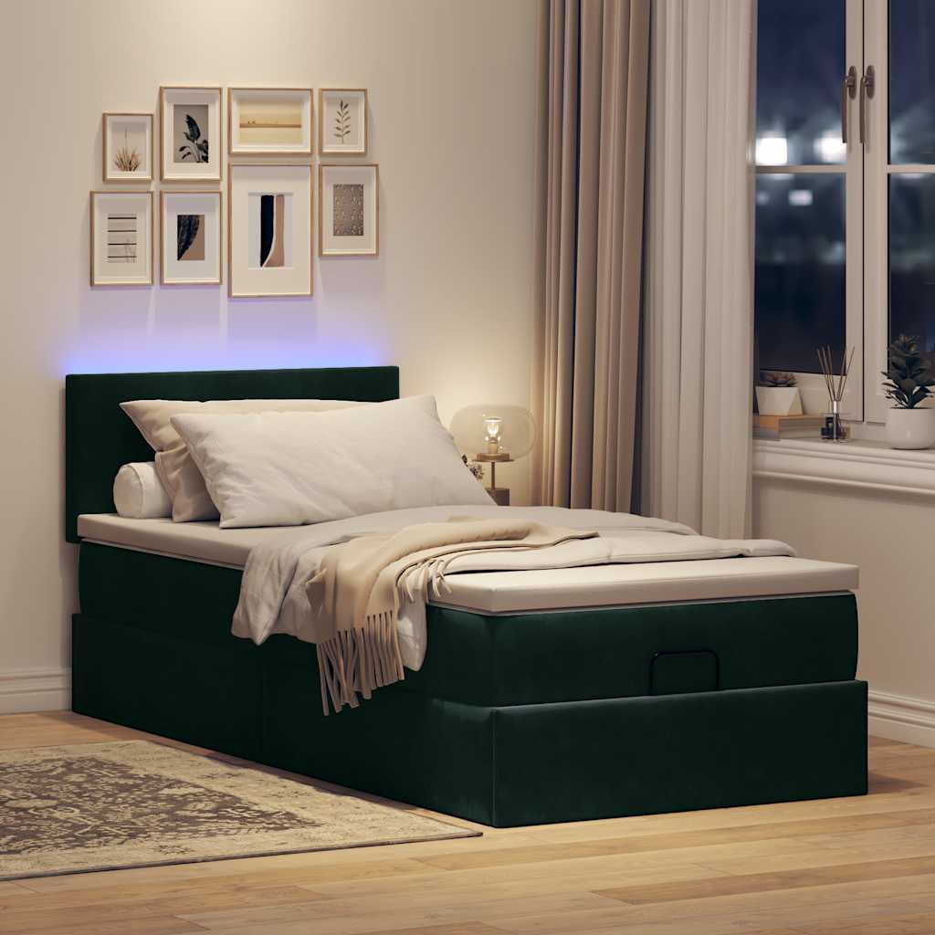 ottoman seng med madras & LEDs 90x200cm fløjl mørkegrøn