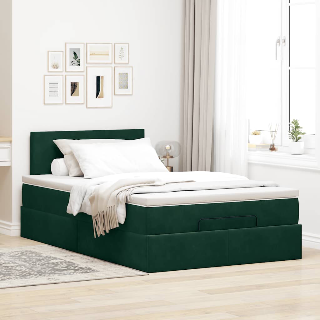 ottoman seng med madras & LEDs 120x190cm fløjl mørkegrøn