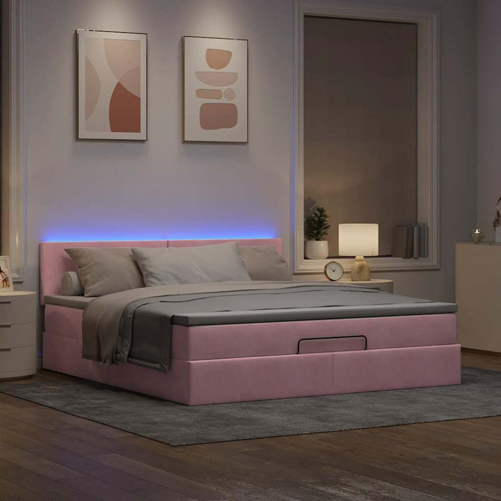 ottoman seng med madras & LEDs 180x200cm fløjl lyserød