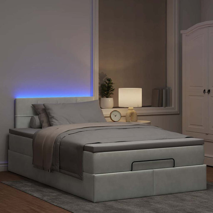 ottoman seng med madras & LEDs 120x190cm fløjl lysegrå