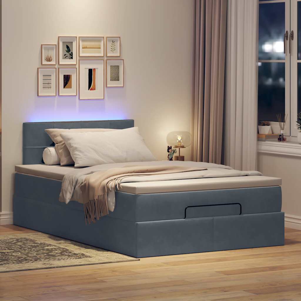 ottoman seng med madras & LEDs 120x190cm fløjl mørkegrå