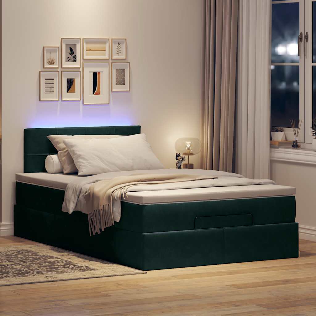 ottoman seng med madras & LEDs 120x190cm fløjl mørkegrøn