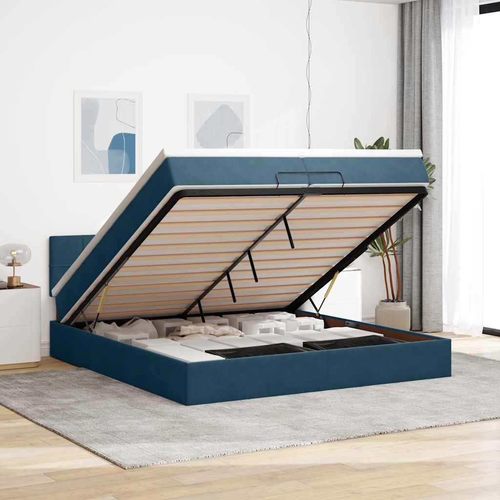 Ottoman seng med madrasser & LEDs Mørkeblå 200x200cm Fløjl