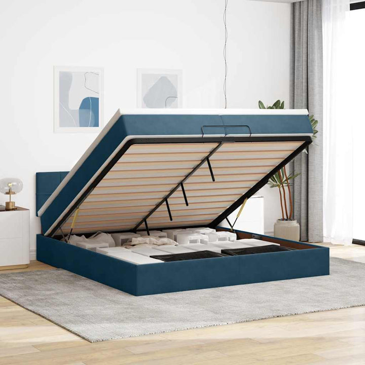 Ottoman seng med madrasser & LEDs Mørkeblå 200x200cm Fløjl