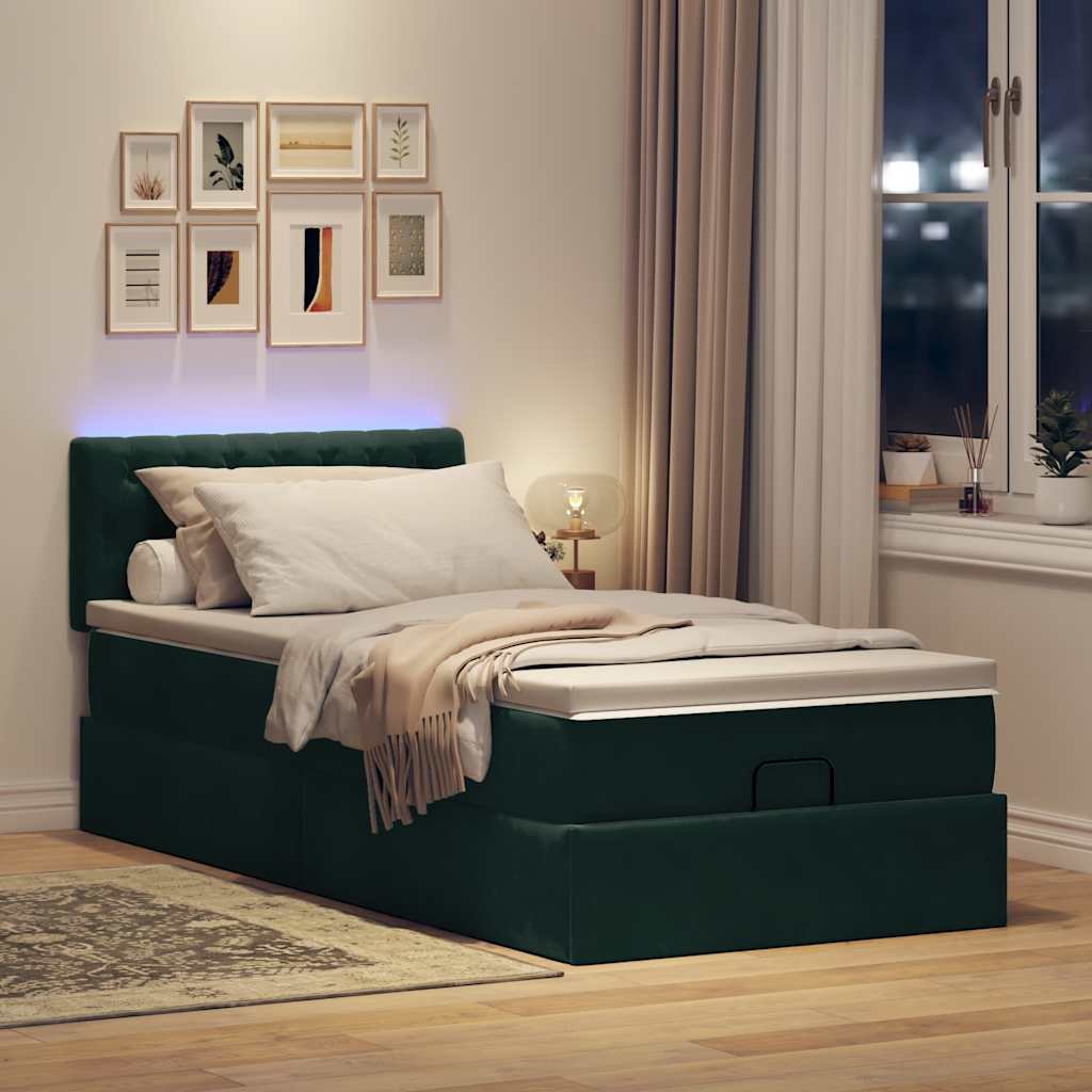 ottoman seng med madras & LEDs 80x200 cm fløjl mørkegrøn