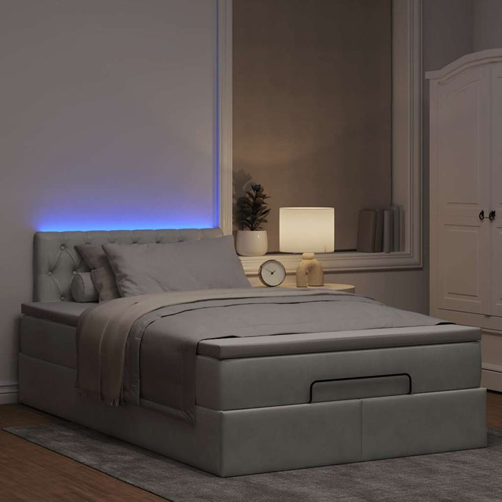 ottoman seng med madras & LEDs 120x190cm fløjl lysegrå