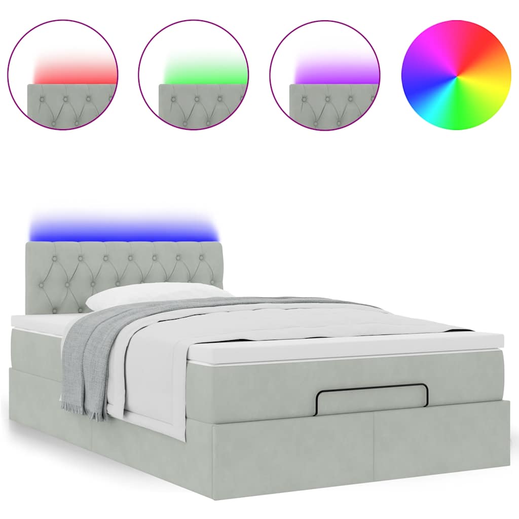 ottoman seng med madras & LEDs 120x190cm fløjl lysegrå