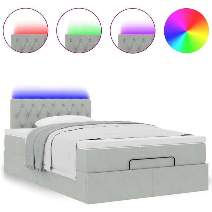 ottoman seng med madras & LEDs 120x190cm fløjl lysegrå