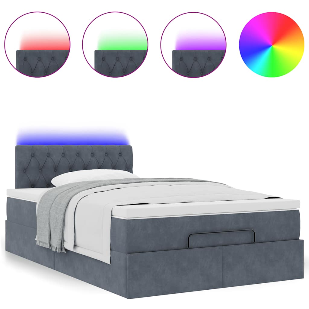 ottoman seng med madras & LEDs 120x190cm fløjl mørkegrå