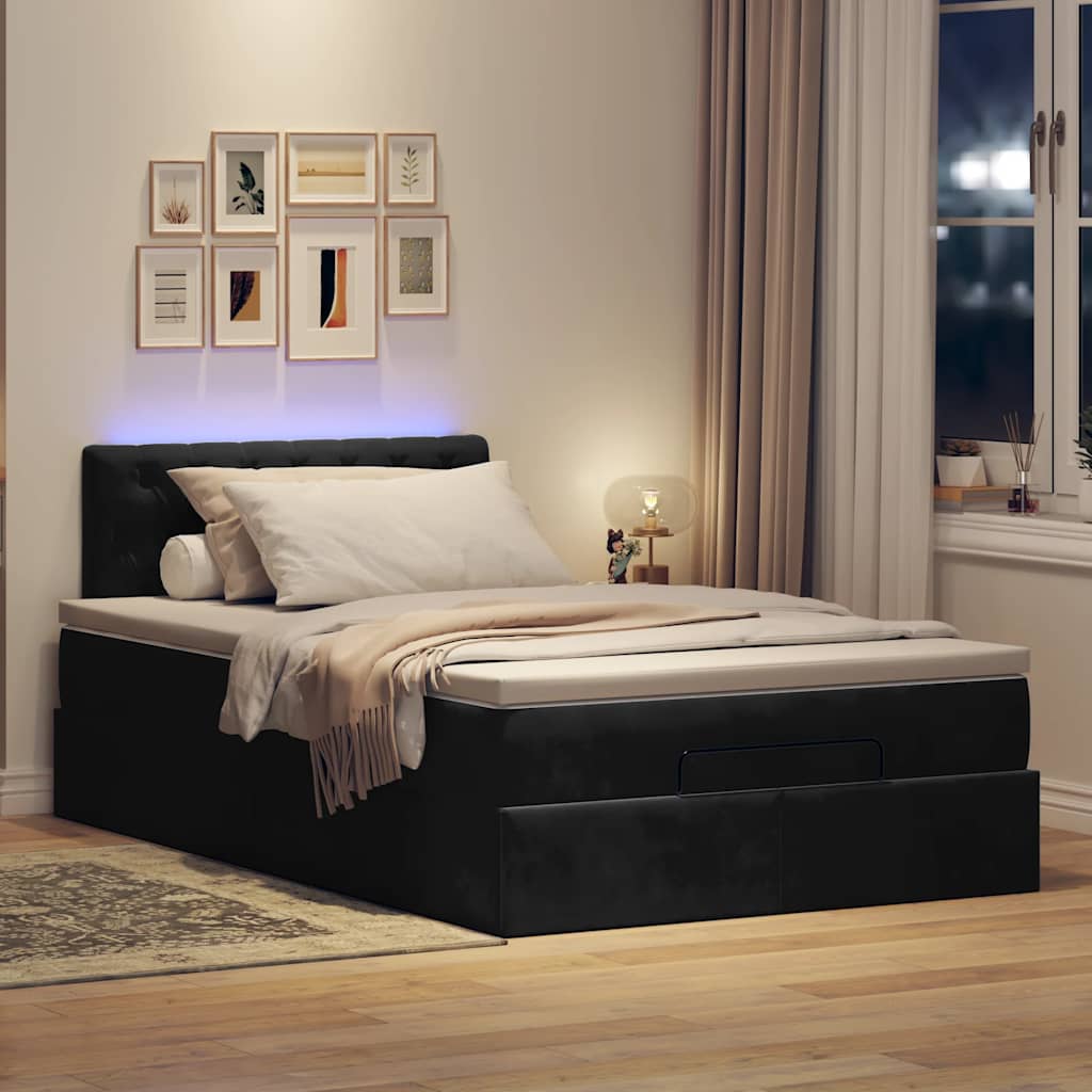 ottoman seng med madras & LEDs 120x190cm fløjl sort