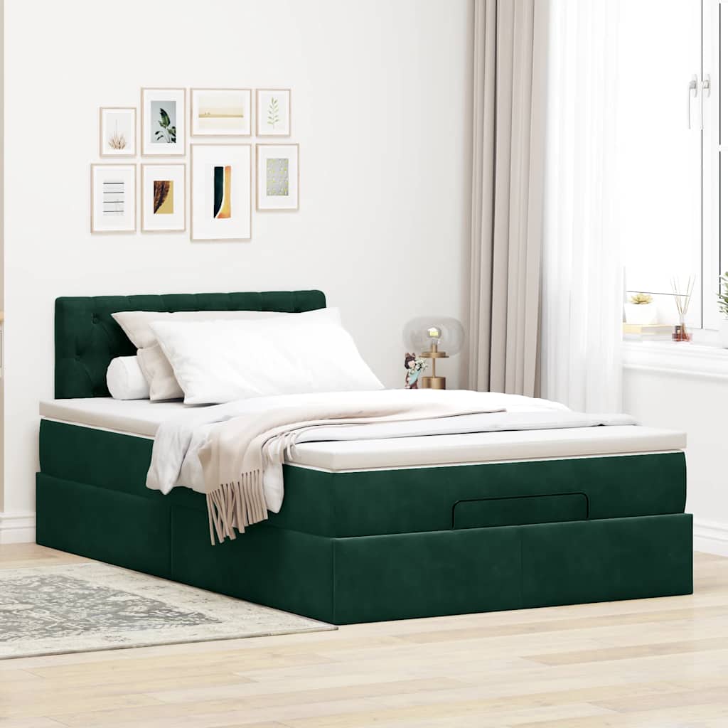 ottoman seng med madras & LEDs 120x190cm fløjl mørkegrøn