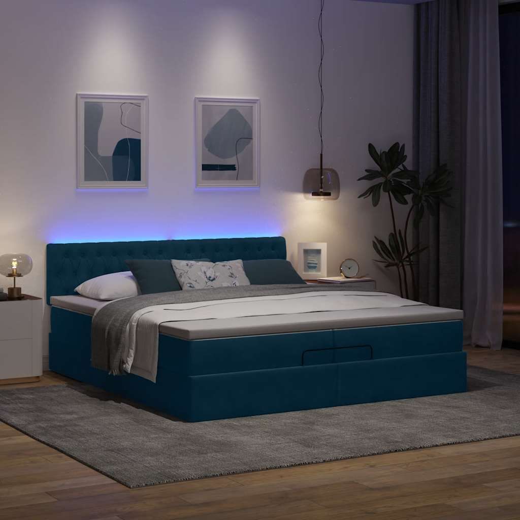 Ottoman seng med madrasser & LEDs Mørkeblå 200x200cm Fløjl
