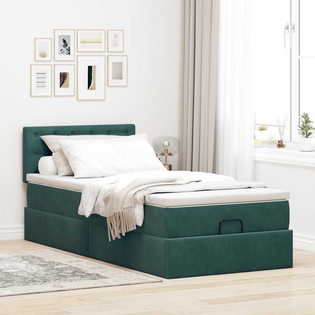 ottoman seng med madras & LEDs 90x200cm fløjl mørkegrøn