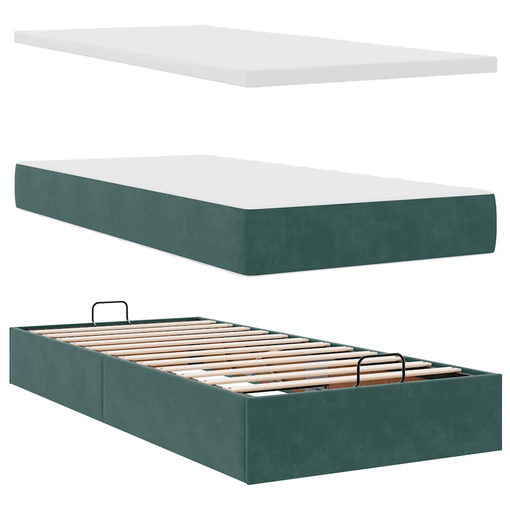 ottoman seng med madras & LEDs 90x200cm fløjl mørkegrøn