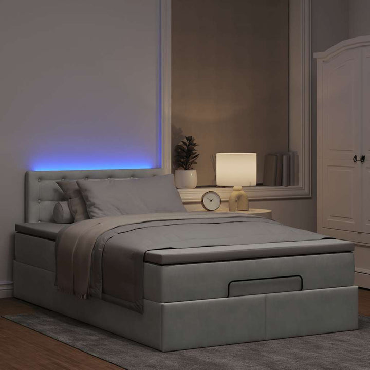 ottoman seng med madras & LEDs 120x190cm fløjl lysegrå