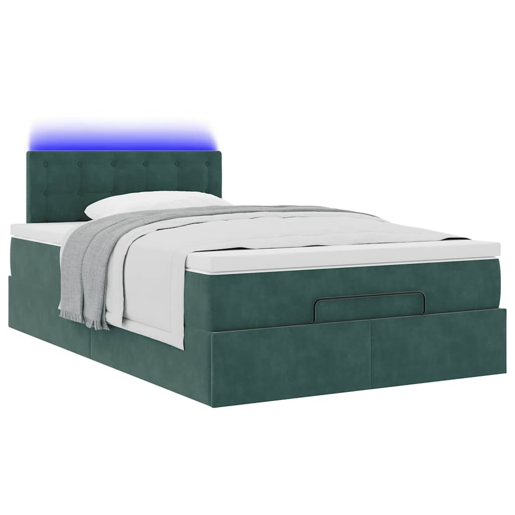 ottoman seng med madras & LEDs 120x190cm fløjl mørkegrøn