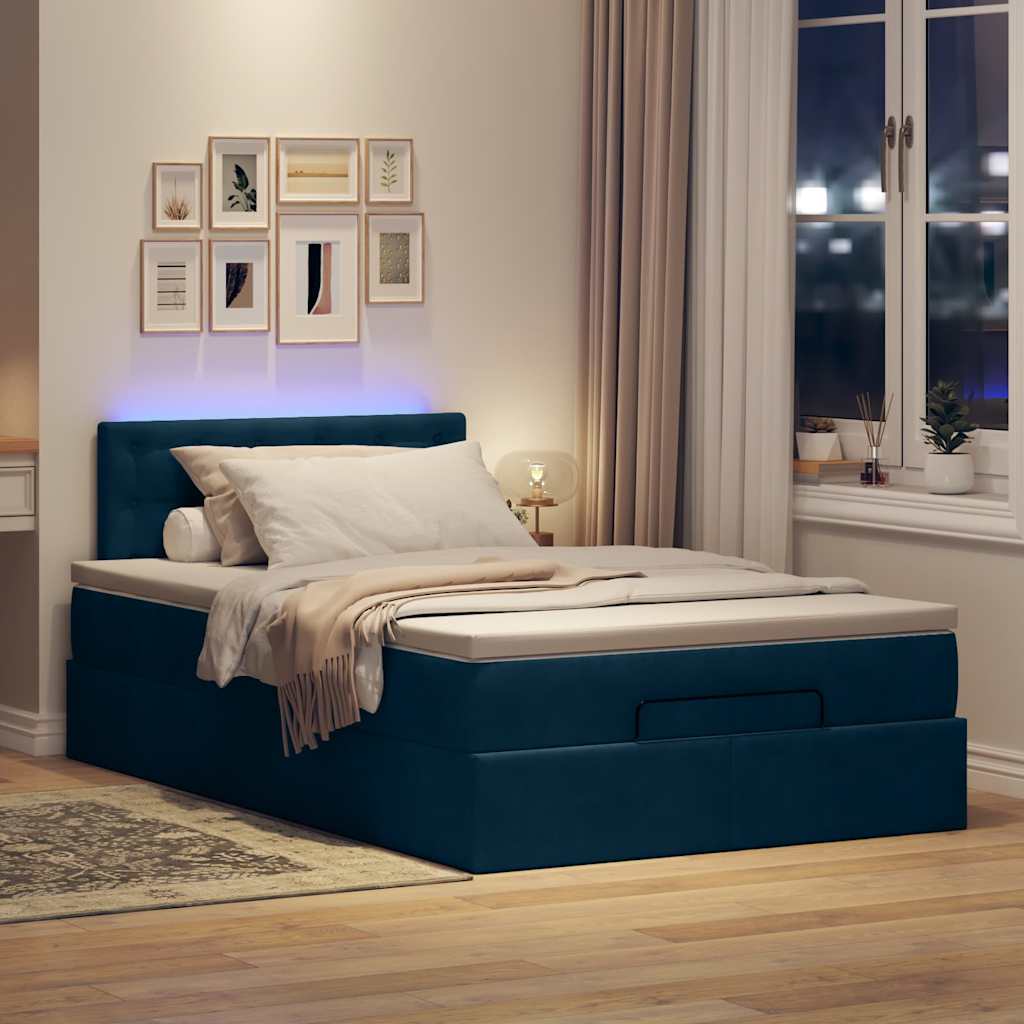 ottoman seng med madras & LEDs 120x190cm fløjl blå
