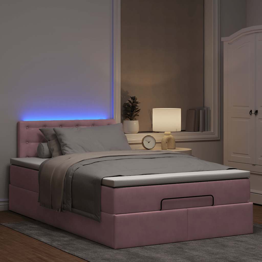 ottoman seng med madras & LEDs 120x190cm fløjl lyserød