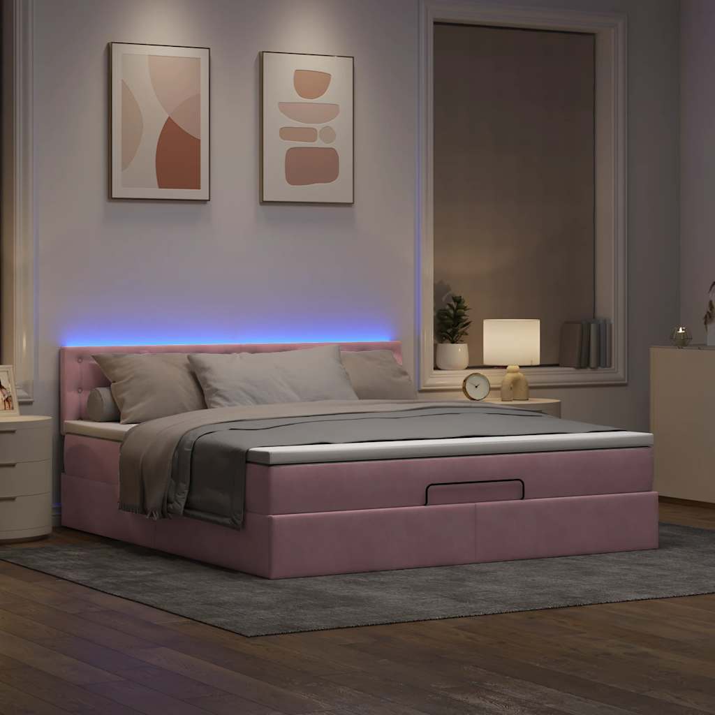 ottoman seng med madras & LEDs 180x200cm fløjl lyserød