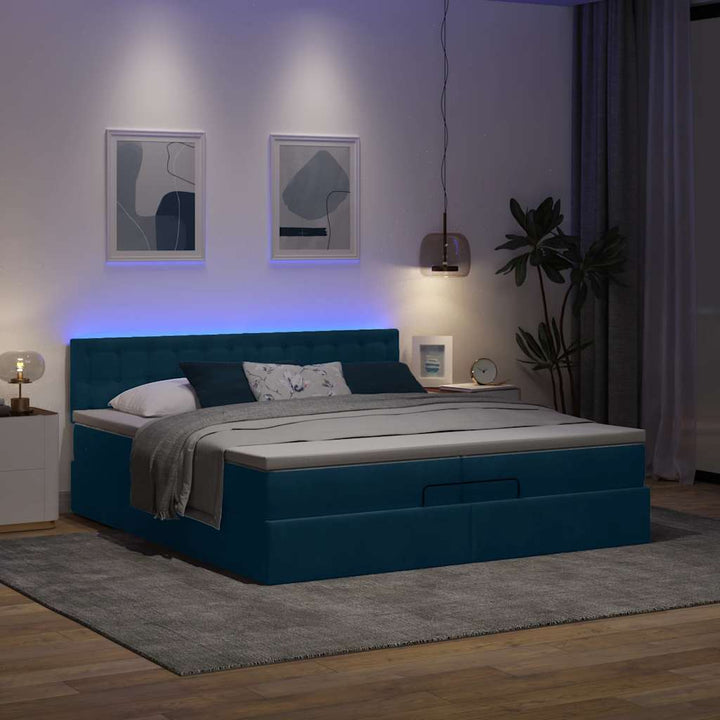 Ottoman seng med madrasser & LEDs Mørkeblå 200x200cm Fløjl