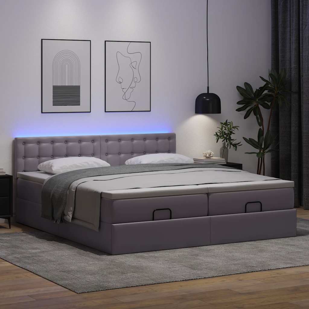 osmannisk seng med madrasser & LEDs 180x200 cm kunstlæder grå