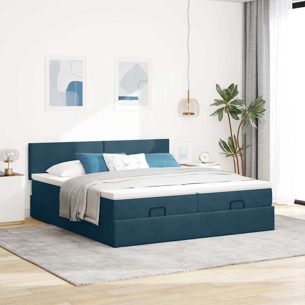 Ottoman seng med madrasser & LEDs Mørkeblå 200x200cm Fløjl