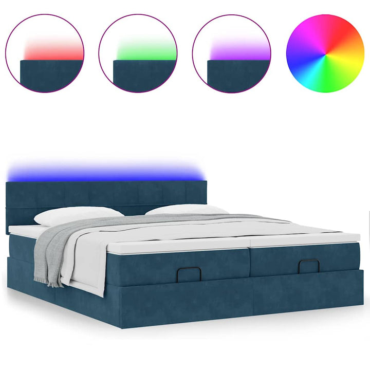 Ottoman seng med madrasser & LEDs Mørkeblå 200x200cm Fløjl